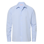 The Justin Seersucker Stripe shirt by Orlebar Brown is a light blue, long-sleeve, button-down shirt featuring subtle vertical stripes and crafted from 100% cotton for breathable summer comfort, displayed on a plain white background.
