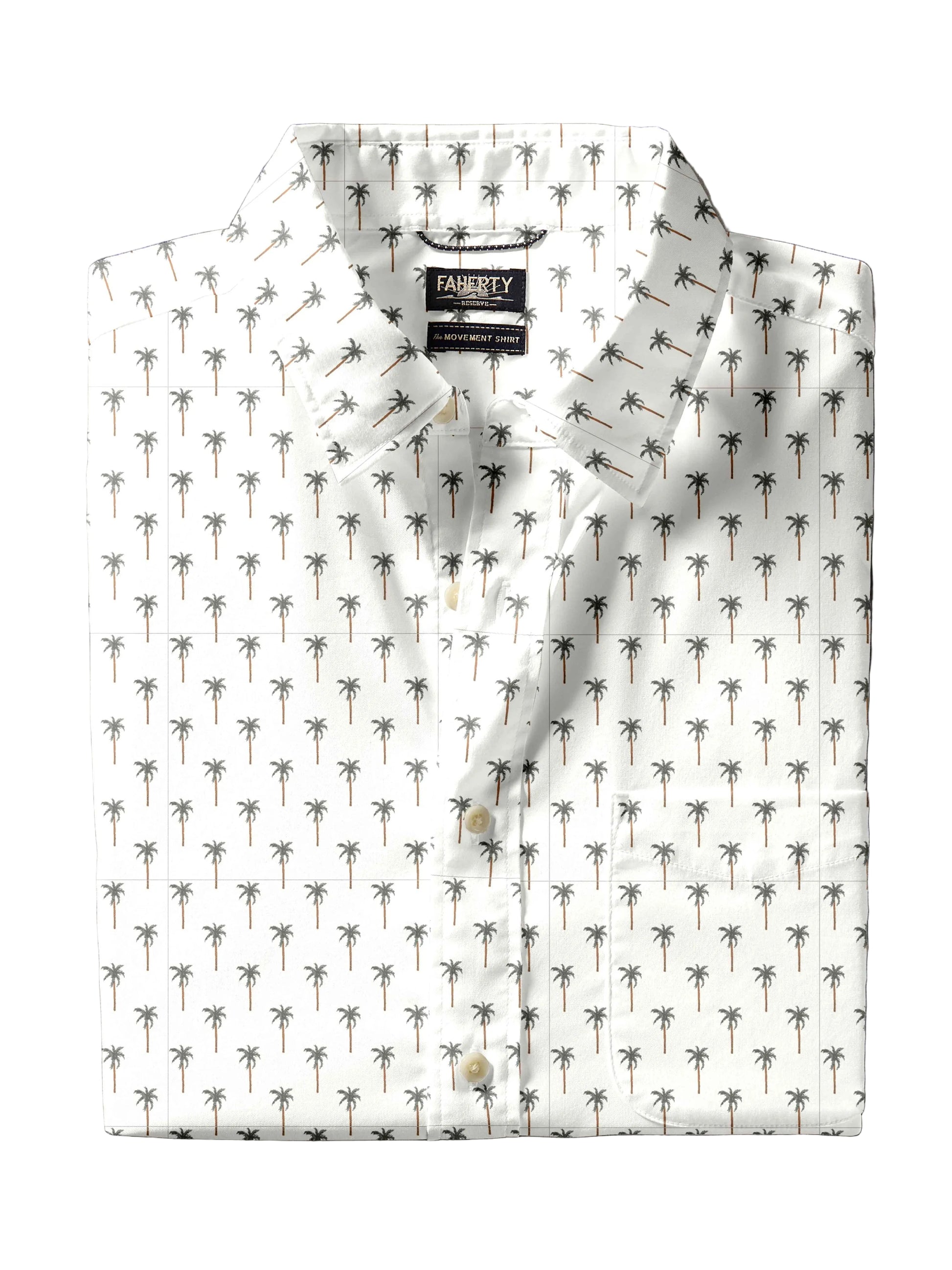 A Faherty Movement Shirt, white Supima cotton with short sleeves and an all-over small palm tree print, is neatly folded with the "Faherty" brand label visible on the collar.