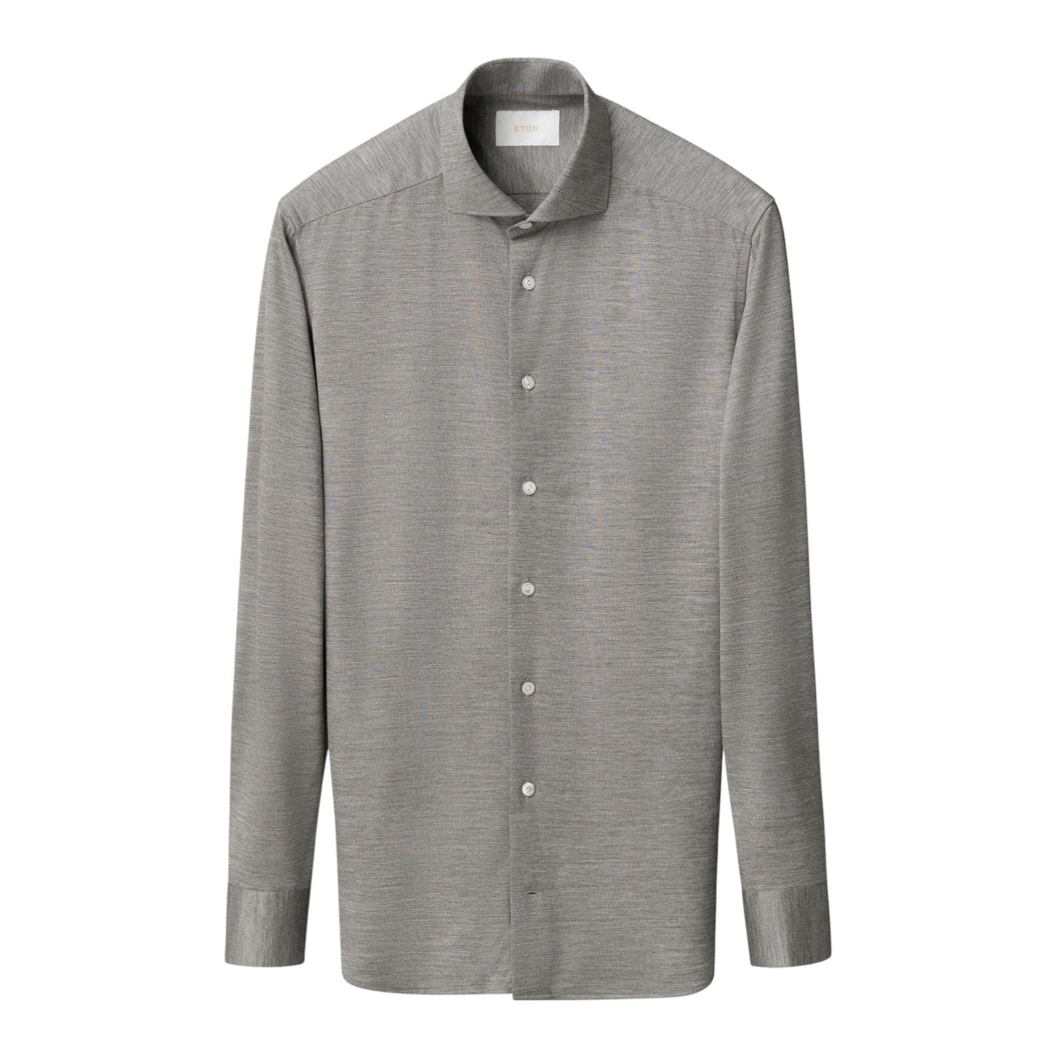 The Eton Merino Jersey Shirt is a gray, long-sleeve, button-up dress shirt with a collar, showcased against a plain white background.