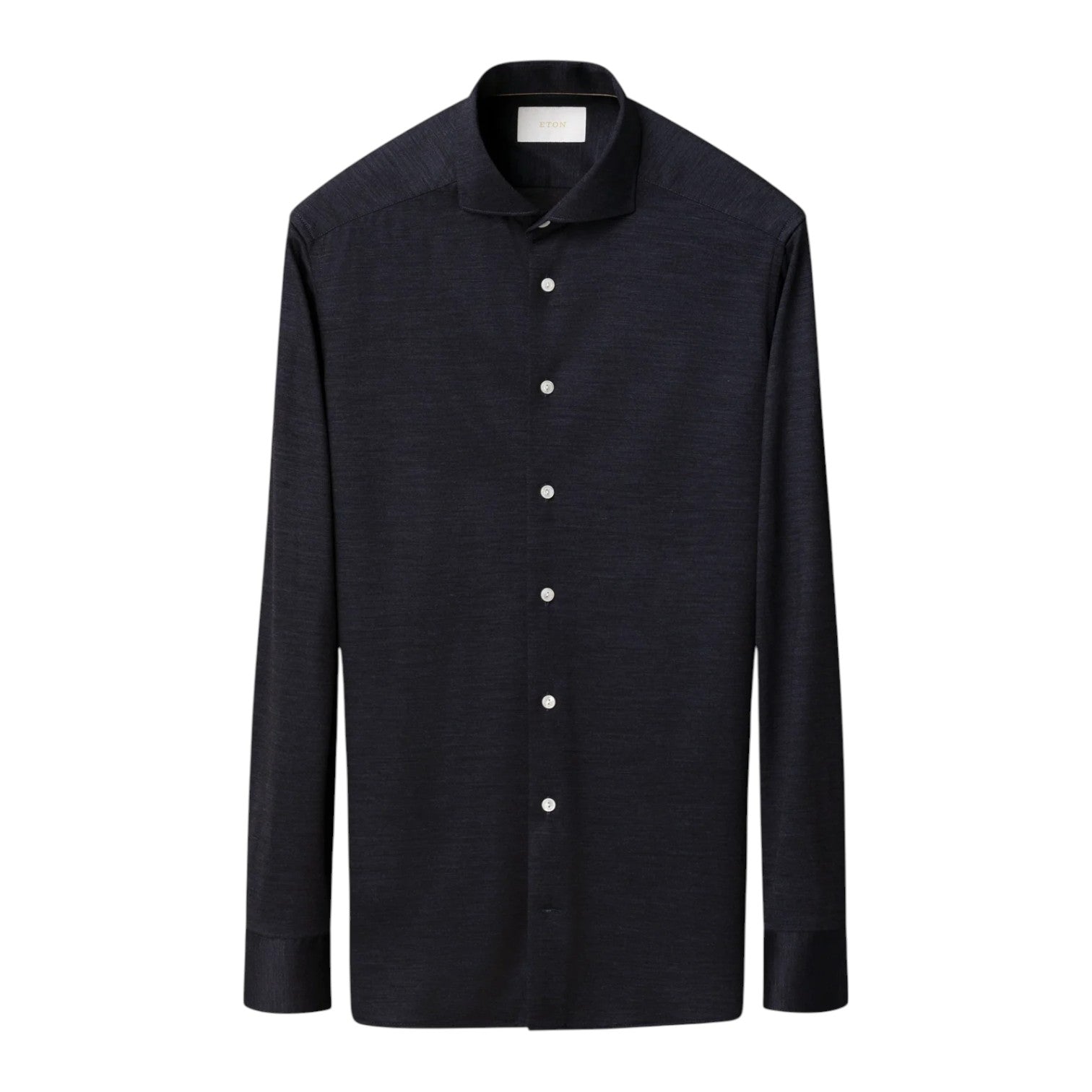 The Eton Merino Jersey Shirt is a black, long-sleeve, collared dress shirt with white buttons and a clean design, shown on a plain white background.