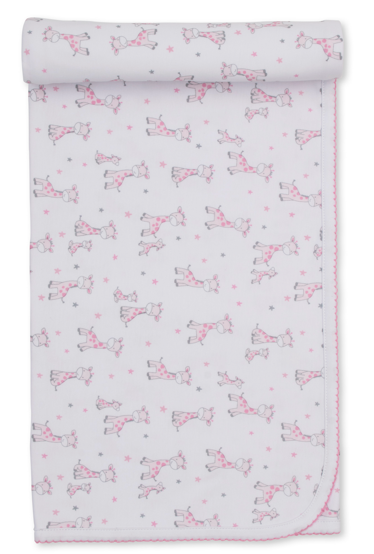 White Pima cotton baby blanket featuring pink and gray cartoon giraffes, stars, and scalloped pink trim, partially rolled at the top—an adorable addition to your nursery from the Kissy Kissy Just Giraffes Printed Blanket collection.