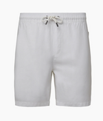 The Air Linen Pull-On Short by Onia, shown against a plain background, features a stretch waist, elastic waistband, two side pockets, and a straight hem.