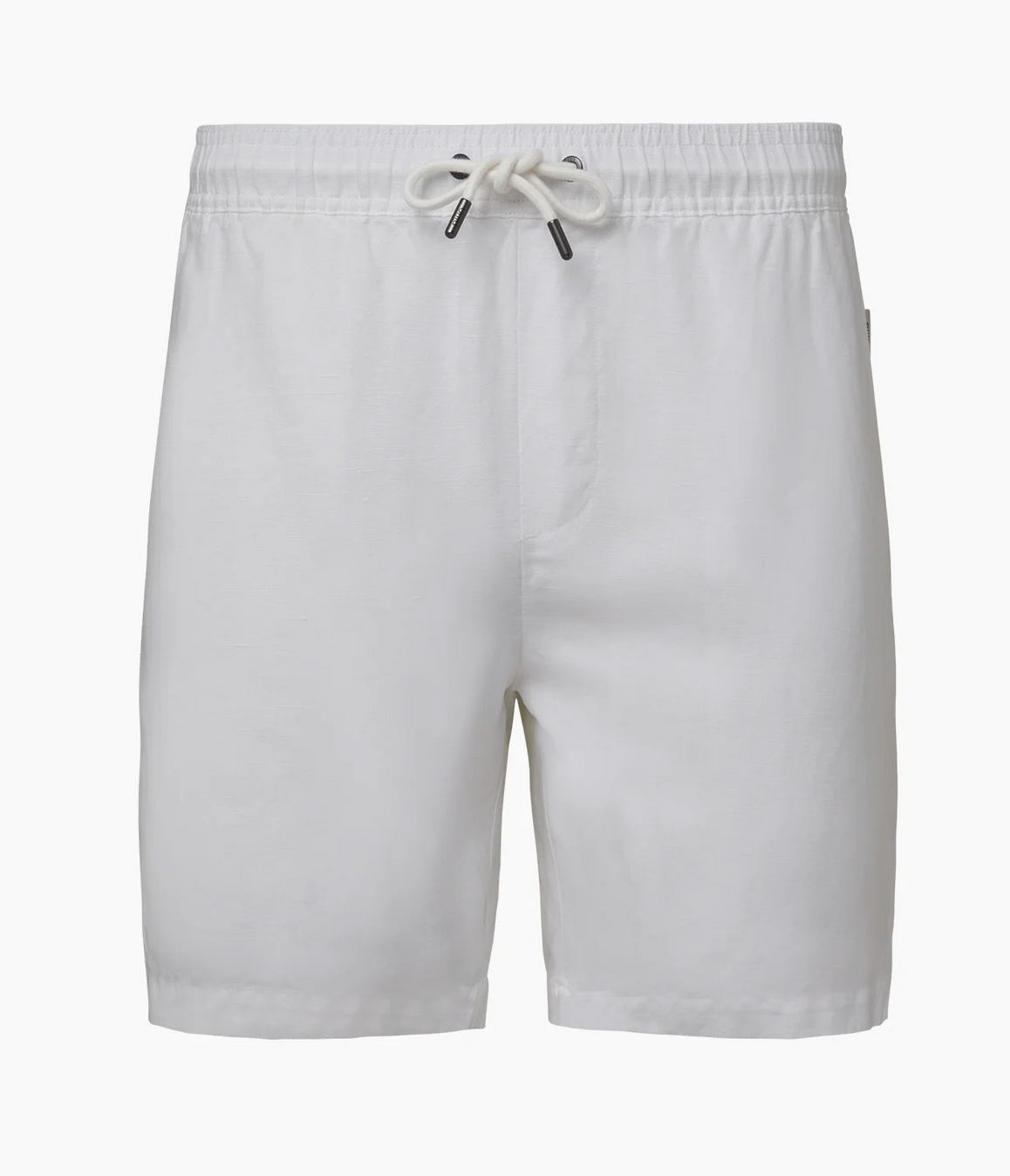 The Air Linen Pull-On Short by Onia, shown against a plain background, features a stretch waist, elastic waistband, two side pockets, and a straight hem.