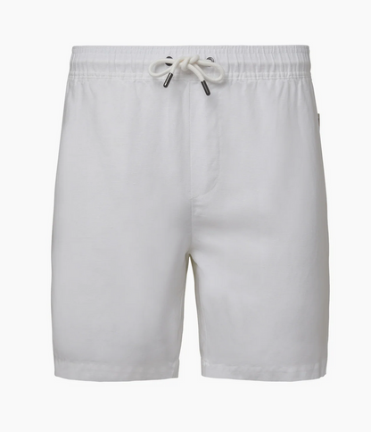 The Air Linen Pull-On Short by Onia, shown against a plain background, features a stretch waist, elastic waistband, two side pockets, and a straight hem.