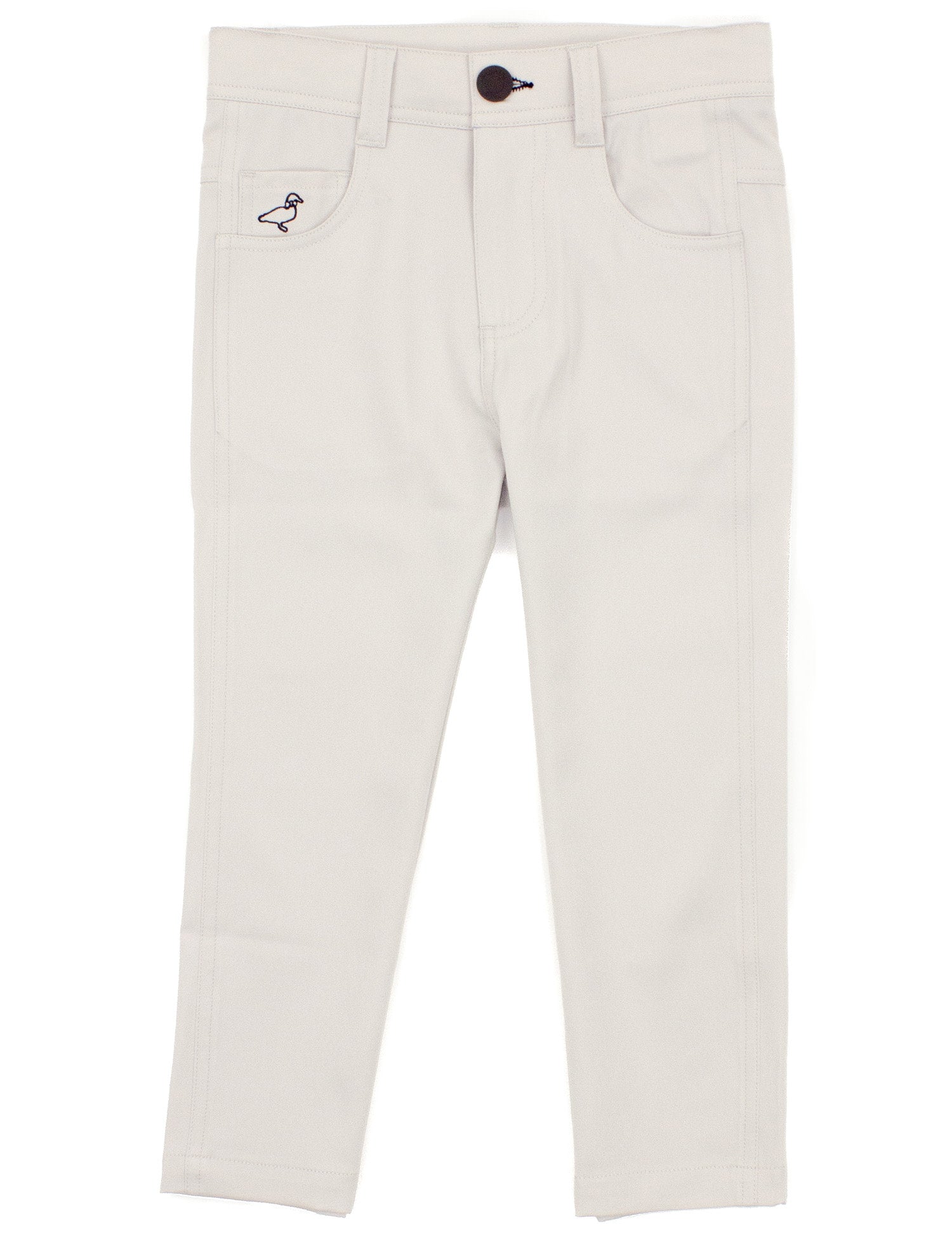 The Properly Tied Boys' Fairway Performance Pant is a pair of light beige golf pants with front pockets, a button closure, and small duck embroidery near the left pocket. These wrinkle-resistant pants are ideal for active kids.