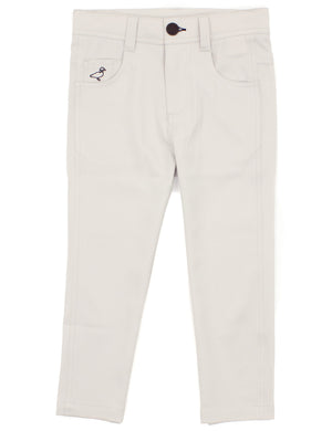 The Properly Tied Boys' Fairway Performance Pant is a pair of light beige golf pants with front pockets, a button closure, and small duck embroidery near the left pocket. These wrinkle-resistant pants are ideal for active kids.