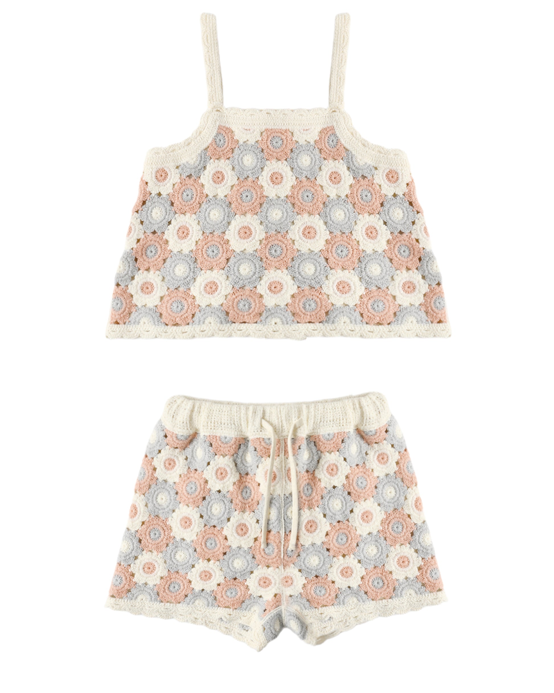 The Girls' Lili Knit Set by Rylee & Cru is a two-piece summer crochet outfit with a sleeveless crop top and drawstring shorts, showcasing pink, blue, and beige floral circular motifs for a breezy style.