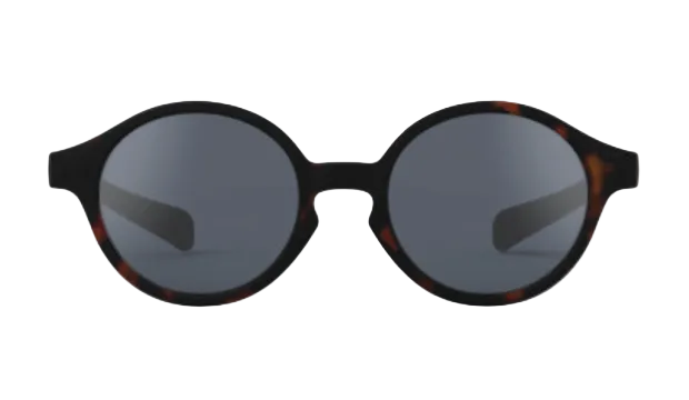 IZIPIZI Baby #D Polarized Sunglasses feature round black frames with a subtle tortoiseshell pattern along the edges and dark lenses, shown from the front against a white background. Lightweight and stylish, these sunglasses are thoughtfully designed with built-in UV protection to keep young eyes safe.