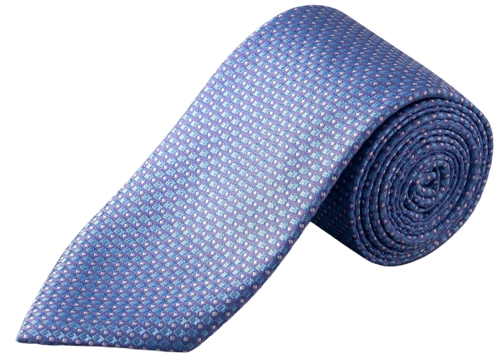 The Eton Geometric Woven Silk Tie, featuring a refined blue micro geometric jacquard pattern, is elegantly rolled and displayed on a white background—an ideal accessory for formal occasions.