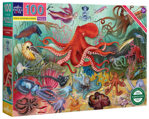 Eeboo’s Love of Octopuses & Friends 100 Piece Puzzle features a lively underwater scene with vibrant octopus and ocean creatures.
