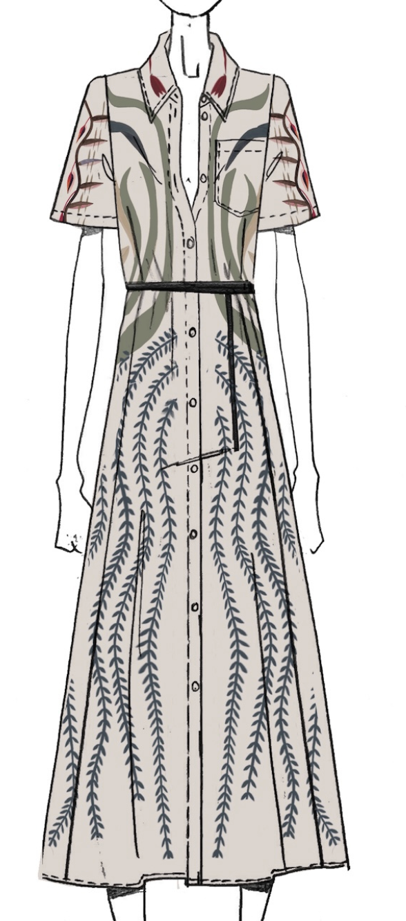 The Kiera Dress by Altuzarra is a collared, short-sleeve, button-down silk dress adorned with leafy patterns in green, blue, and red. It features an A-line silhouette and is cinched at the waist with a thin black leather belt.