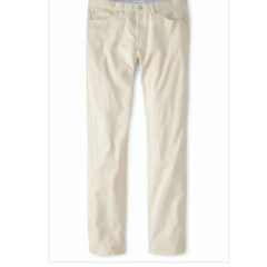 The Peter Millar Signature Sateen Five-Pocket Pant in light beige features a classic straight-leg cut and five-pocket styling, shown laid flat on a white background.