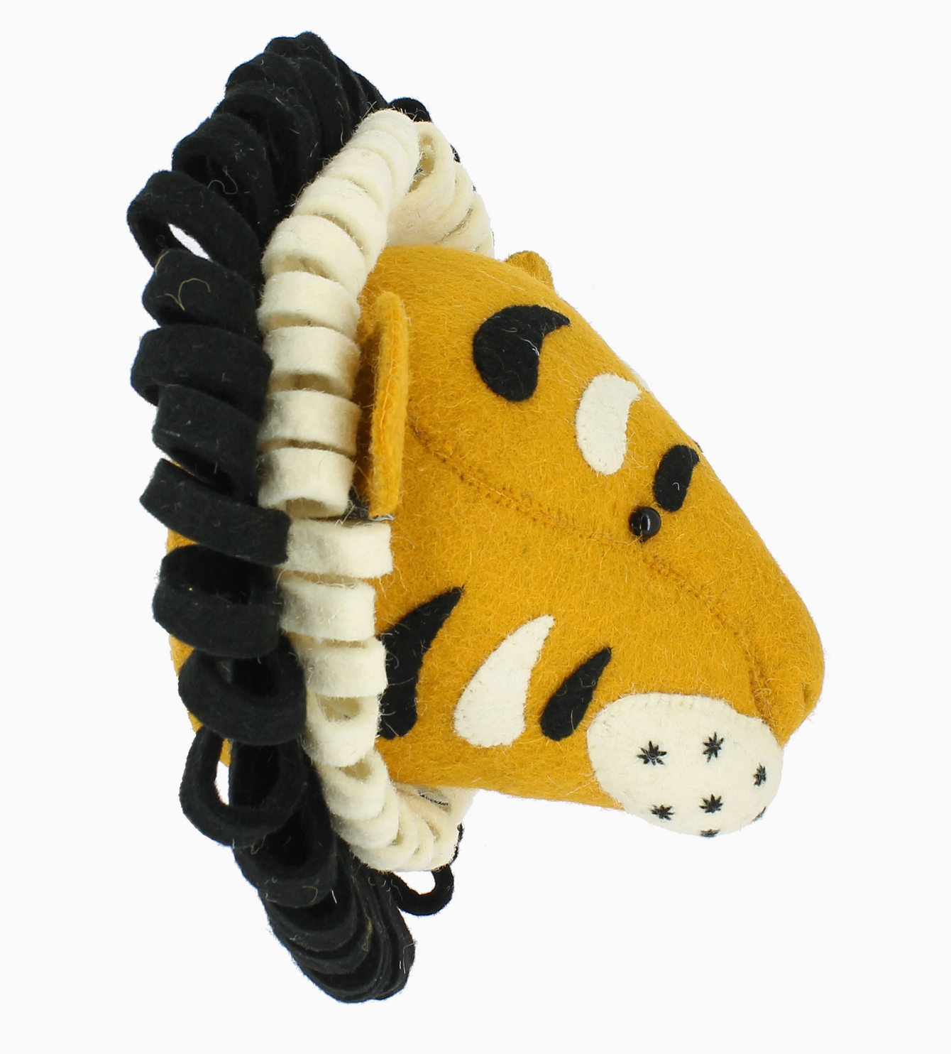 Enhance the ambiance of your safari-themed room with this felt lion head decoration, featuring a yellow face with black accents and a mane of black and white felt curls. It's the perfect match for other felt animal heads or even the Fiona Walker Tiger Head Wall Decoration - Medium from Fiona Walker in your decor collection.