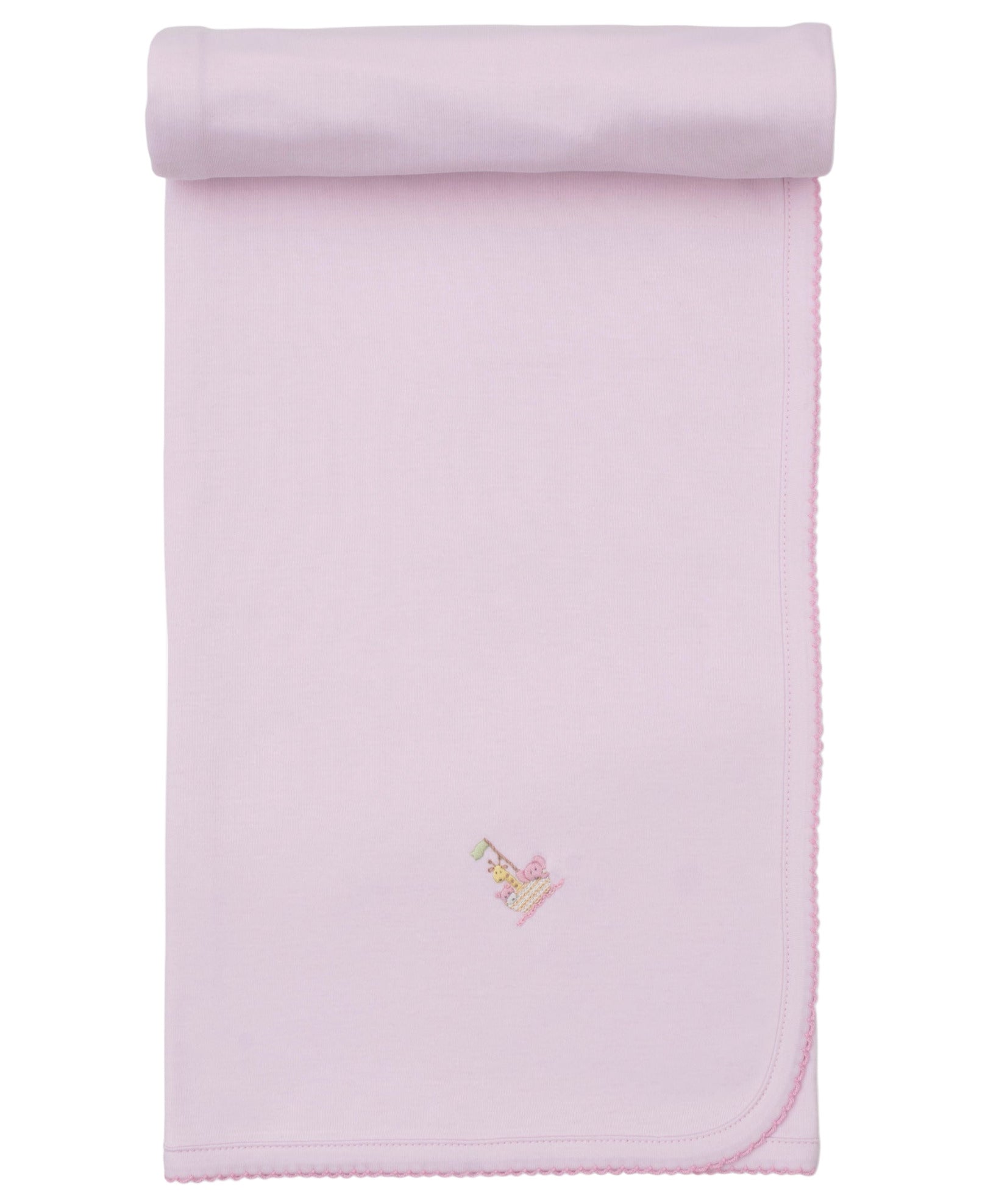 The Kissy Kissy Premier Noah's Ark Blanket with Hand Emb. is a light pink Pima cotton baby blanket featuring a small embroidered bear and boat near one corner, neatly rolled at the top edge.