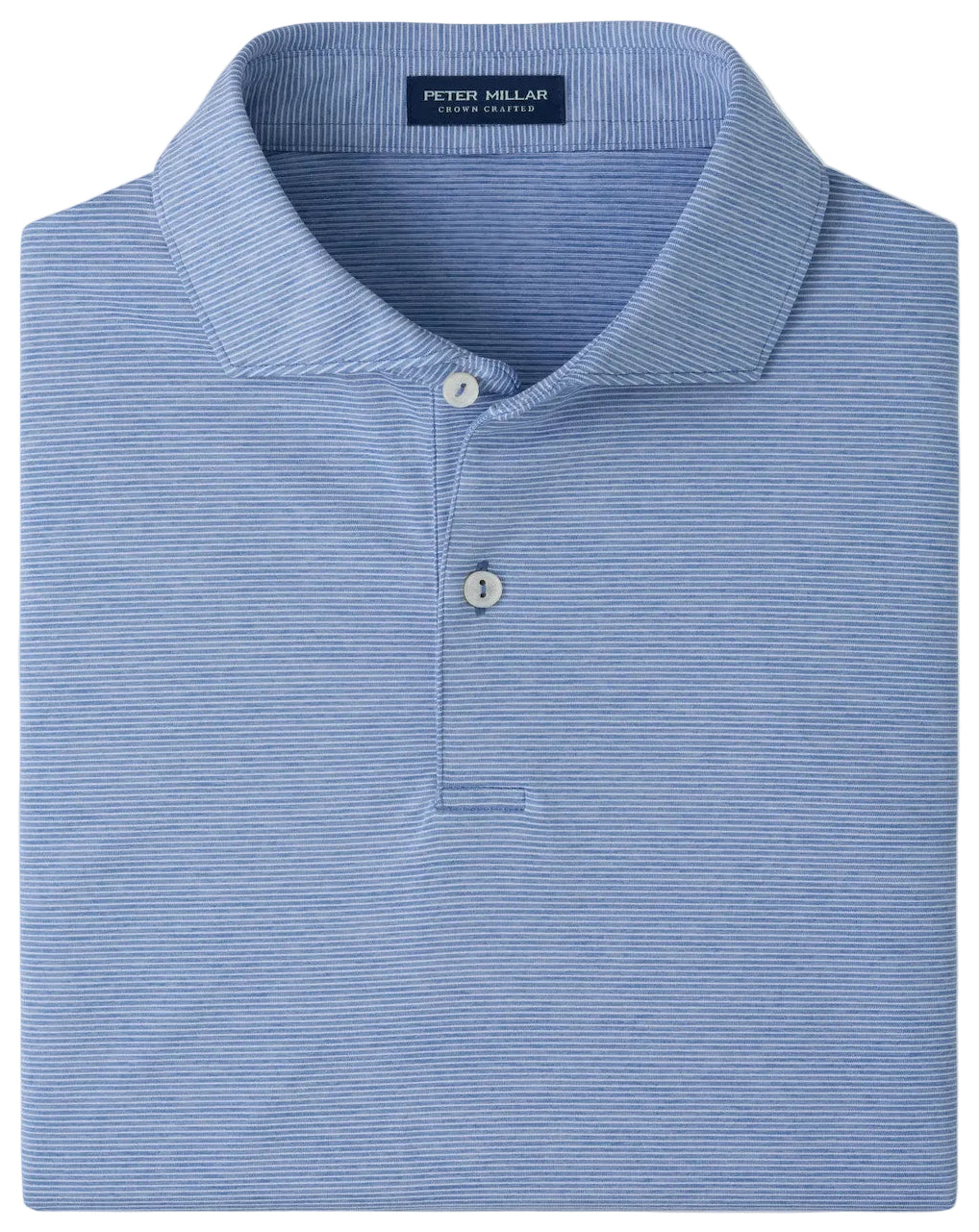 A folded light blue Peter Millar Treble Performance Jersey Polo, featuring short sleeves, a subtle stripe pattern, button placket, and collar, crafted from four-way stretch jersey fabric for superior comfort—ideal for those who appreciate premium polos.