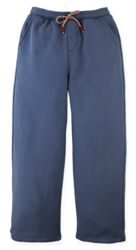The Boys’ Sonny Joggers Pant from Gingersnaps is crafted from soft fleece in navy blue, featuring an elastic waistband with a drawstring tie and handy side pockets, shown laid flat on a white background.