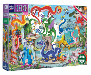 The Eeboo Love of Dragons 100-Piece Puzzle showcases Linda Bleck’s whimsical artwork, featuring a vibrant outdoor scene filled with playful cartoon dragons, trees, water, and mountains—making it an ideal dragon reference poster for young enthusiasts.