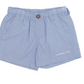 The Boys' Mallard Short by Properly Tied is a light blue kids’ short with quick-dry, moisture-wicking fabric, an elastic waistband, belt loops, button closure, front pockets, and "PROPERLY TIED" printed near the hem.
