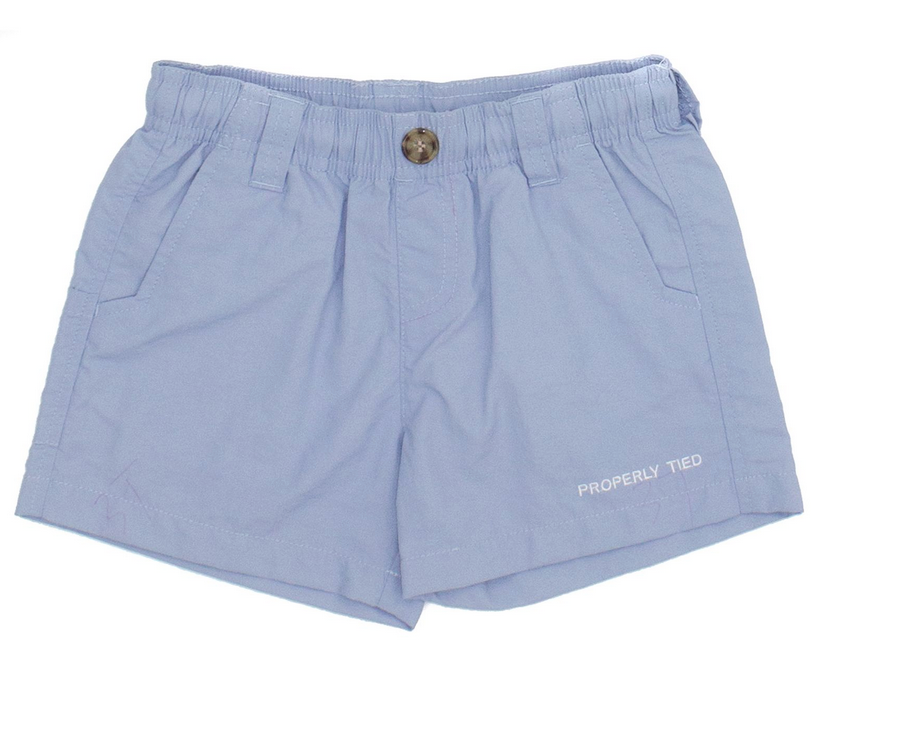 The Boys' Mallard Short by Properly Tied is a light blue kids’ short with quick-dry, moisture-wicking fabric, an elastic waistband, belt loops, button closure, front pockets, and "PROPERLY TIED" printed near the hem.