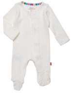 The Baby Love Lines Pointelle Footie by Magnetic Me, featuring subtle stripes and a colorful neckline, is a baby wardrobe essential. With convenient front snap closures and crafted from organic cotton, it ensures ultimate comfort.