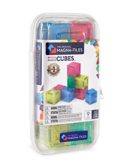 A zippered clear case containing the Magnatiles MicroMags Cubes 9-Piece Set—a magnetic building block set for ages 2-99, perfect for anyone who enjoys creative building toys.