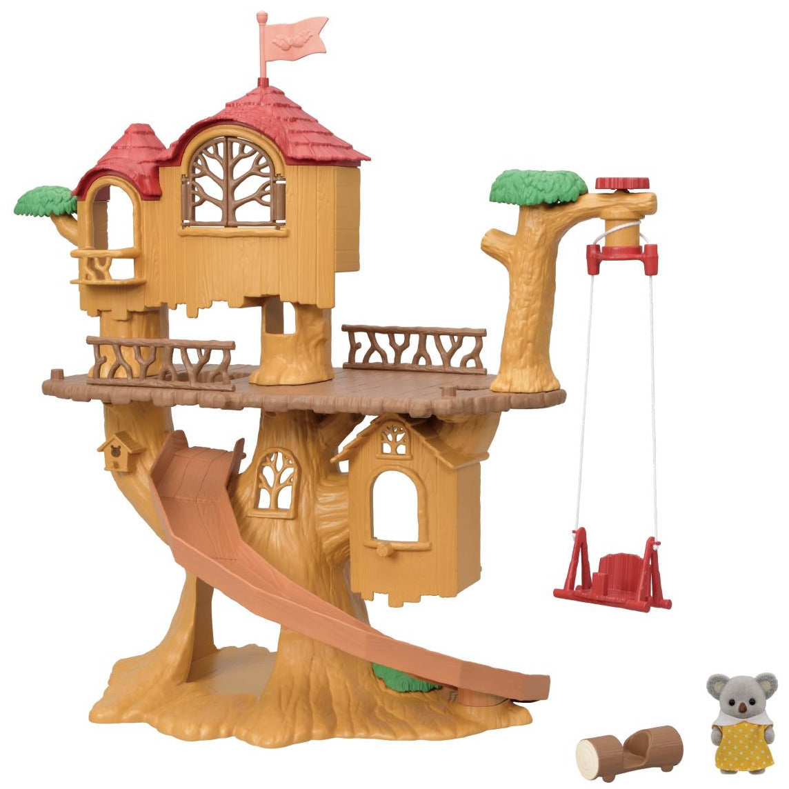 The Calico Critters Adventure Tree House Gift Set features a plastic treehouse toy with a slide, swing, balcony, a small gray animal figure, and a log accessory—all displayed against a white background. Part of the Adventure Tree House collection by Calico Critters, this delightful playset is ideal for imaginative family adventures.
