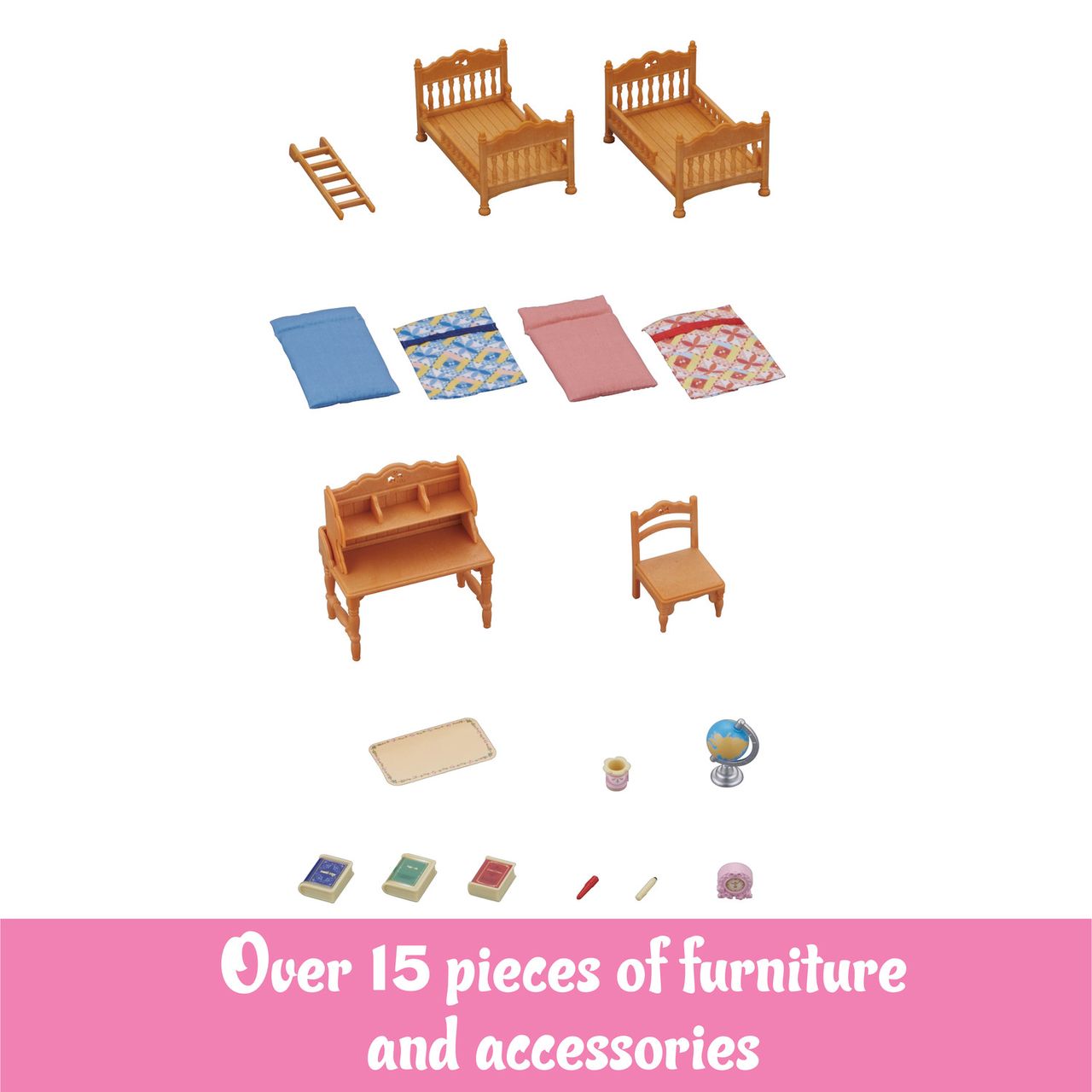 The Calico Critters Children’s Bedroom Set includes over 15 pieces of furniture and accessories, such as beds, bedding, a desk, chair, books, and a globe—all arranged on a white background. Ideal for dollhouse play or Calico Critters fans. A pink banner at the bottom reads: “Over 15 pieces of furniture and accessories.”.