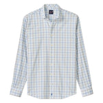 The Maarten Button Down by Johnnie-O is a wrinkle-resistant long-sleeve shirt in light blue and tan plaid, featuring a classic collar and chest pocket for effortless, easy-care style.