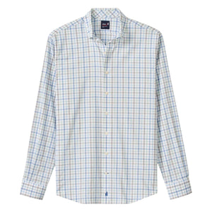 The Maarten Button Down by Johnnie-O is a wrinkle-resistant long-sleeve shirt in light blue and tan plaid, featuring a classic collar and chest pocket for effortless, easy-care style.
