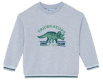 The Boys’ Heather Sweatshirt by Tartine et Chocolat is a gray cotton kids’ sweatshirt featuring green “Triceratops Dino Club” text and a triceratops graphic on the front, finished with striped cuffs and hem—perfect for any little dinosaur sweatshirt fan.