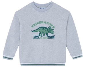 The Boys’ Heather Sweatshirt by Tartine et Chocolat is a gray cotton kids’ sweatshirt featuring green “Triceratops Dino Club” text and a triceratops graphic on the front, finished with striped cuffs and hem—perfect for any little dinosaur sweatshirt fan.