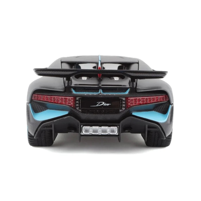Rear view of the Maisto 1:24 SE Bugatti Divo diecast model, featuring a striking black and blue finish, a prominent rear wing, red tail lights, quad exhausts, and “Divo” displayed on the license plate area.