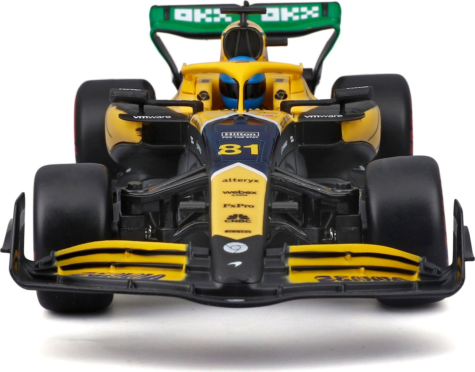 Front view of the Maisto R/C 1:24 McLaren MCL38 (2024) – #81, showcasing its yellow and black color scheme with a green rear wing, sponsor logos, and design elements inspired by Oscar Piastri’s Formula 1 livery.