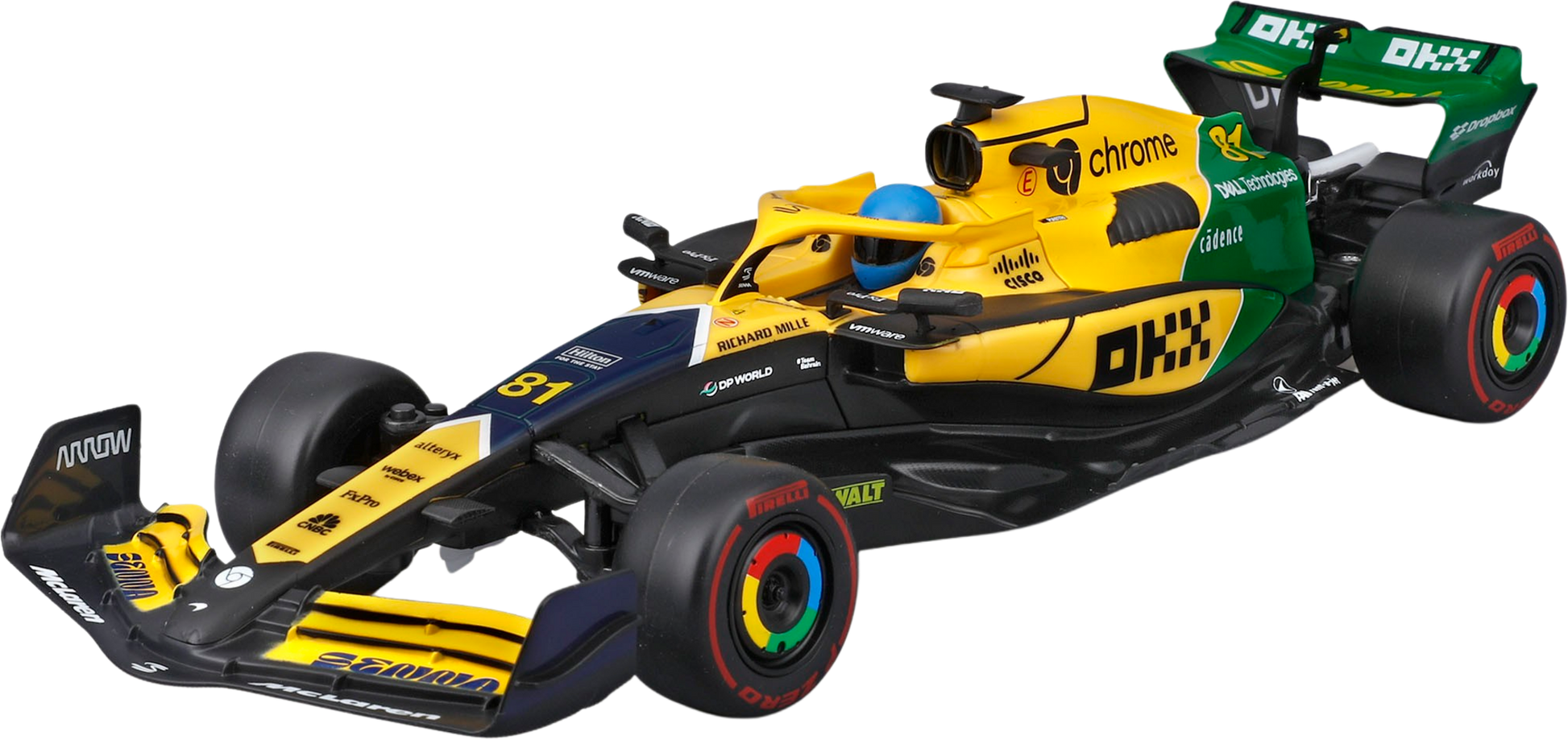 A yellow and black Maisto R/C 1:24 McLaren MCL38 (2024) - #81 toy car featuring green, red, and blue accents, inspired by Oscar Piastri’s Formula 1 vehicle, is displayed from a front-side angle on a white background.