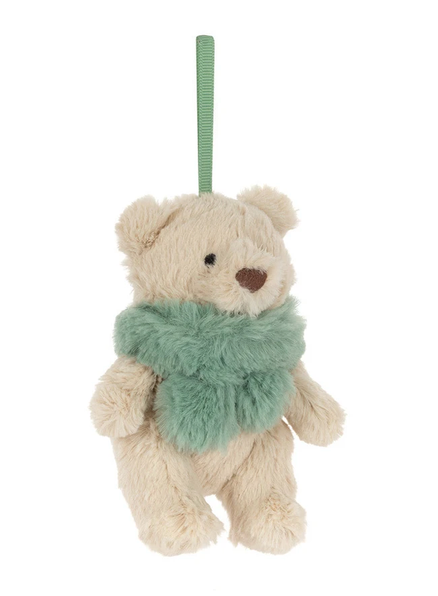Jellycat JC Bartholomew Bear Jr. Winter Warmer Decoration, a beige plush bear ornament wearing a sage green faux fur scarf with a matching ribbon loop for hanging.