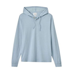 The Jase Hoodie by Johnnie-O, shown in light blue, features long sleeves, a slub knit texture, buttons at the neckline, hood with drawstrings, and a small logo tag near the bottom hem. Displayed on a white background. Part of our signature Hangin’ Out collection.