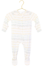 The Lou Lou & Company Baby Conrad Zipper Footie is a white baby onesie with long sleeves and footies, adorned with horizontal dotted lines in various colors. Displayed on a hanger against a white background, this cozy footie is designed for ultimate comfort—perfect for your little one’s everyday wear.