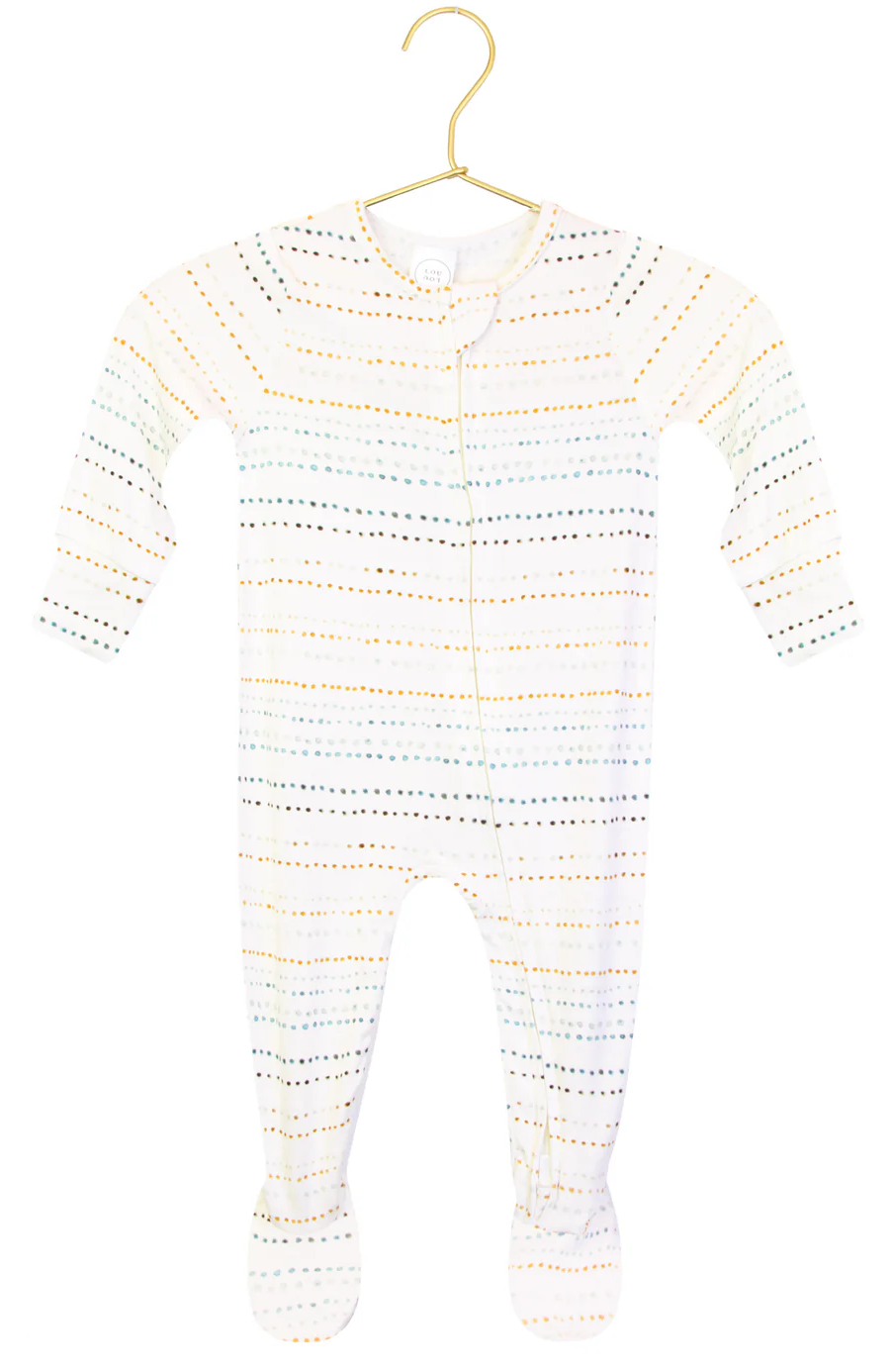 The Lou Lou & Company Baby Conrad Zipper Footie is a white baby onesie with long sleeves and footies, adorned with horizontal dotted lines in various colors. Displayed on a hanger against a white background, this cozy footie is designed for ultimate comfort—perfect for your little one’s everyday wear.
