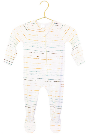 The Lou Lou & Company Baby Conrad Zipper Footie is a white baby onesie with long sleeves and footies, adorned with horizontal dotted lines in various colors. Displayed on a hanger against a white background, this cozy footie is designed for ultimate comfort—perfect for your little one’s everyday wear.