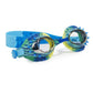 Bling2O Prehistoric Times Swim Goggles for kids feature a blue, spike-embossed silicone strap and green-blue frames with playful monster or dragon details, including fun textured spikes and razor-sharp teeth.