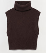The Simkhai Maple Top is a sleeveless, dark brown ribbed turtleneck sweater vest displayed flat against a light background, highlighting its classic sleeveless knit design.
