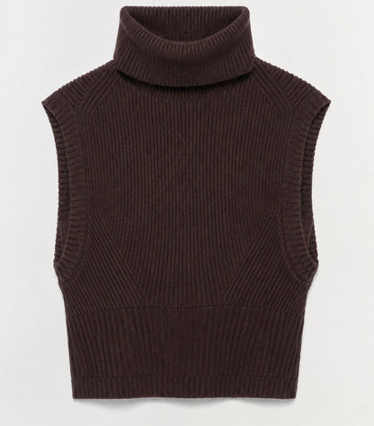 The Simkhai Maple Top is a sleeveless, dark brown ribbed turtleneck sweater vest displayed flat against a light background, highlighting its classic sleeveless knit design.