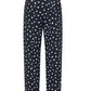 The Mariquita Nana Pants by Blaze Milano are navy blue, high-waisted, straight-leg trousers featuring a white irregular polka dot pattern and a front zipper closure.