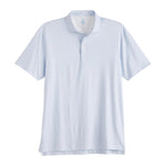The Johnnie-O Marlin Polo is a light blue short-sleeve shirt with a collar and three-button placket, featuring four-way stretch comfort and UPF 50 sun protection from the Featherweight Collection. Displayed on a white background.