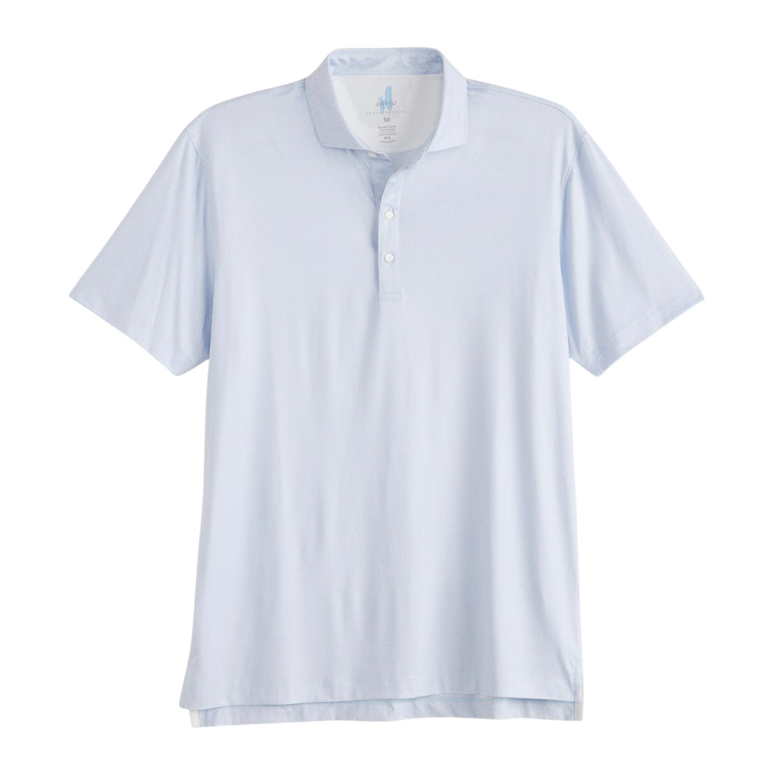 The Johnnie-O Marlin Polo is a light blue short-sleeve shirt with a collar and three-button placket, featuring four-way stretch comfort and UPF 50 sun protection from the Featherweight Collection. Displayed on a white background.