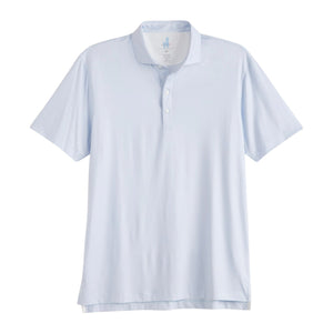 The Johnnie-O Marlin Polo is a light blue short-sleeve shirt with a collar and three-button placket, featuring four-way stretch comfort and UPF 50 sun protection from the Featherweight Collection. Displayed on a white background.