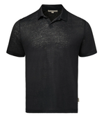 The Shaun Linen Polo by Onia is a black, short-sleeve semi-sheer linen jersey shirt featuring a classic Johnny collar and relaxed fit, shown against a white background.
