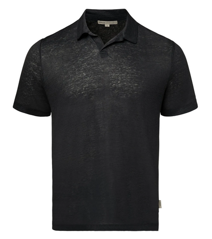 The Shaun Linen Polo by Onia is a black, short-sleeve semi-sheer linen jersey shirt featuring a classic Johnny collar and relaxed fit, shown against a white background.