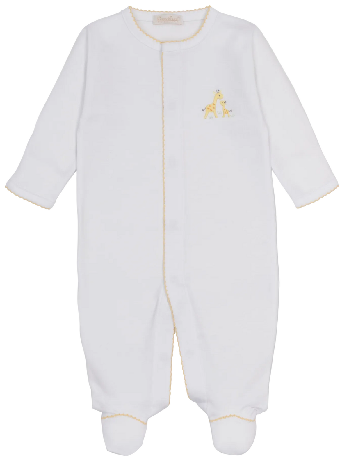 The Kissy Kissy Baby Premier Giraffe Love Hand Emb. Footie is a white infant footed onesie with yellow trim, made from soft Peruvian cotton, and features hand-embroidered giraffe and baby giraffe details on the chest as part of the Premier Giraffe Love Collection.