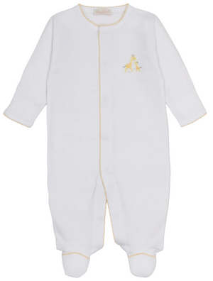 The Kissy Kissy Baby Premier Giraffe Love Hand Emb. Footie is a white infant footed onesie with yellow trim, made from soft Peruvian cotton, and features hand-embroidered giraffe and baby giraffe details on the chest as part of the Premier Giraffe Love Collection.